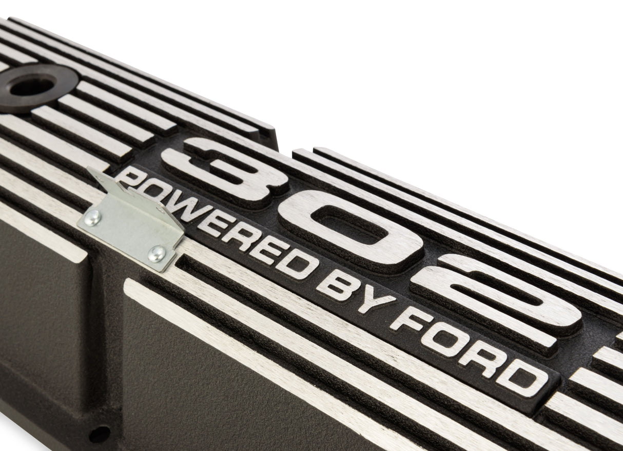 Scott Drake Aluminum Valve Cover w/302 Powered by Ford Logo Wrinkle Black Finish - 6A582-302