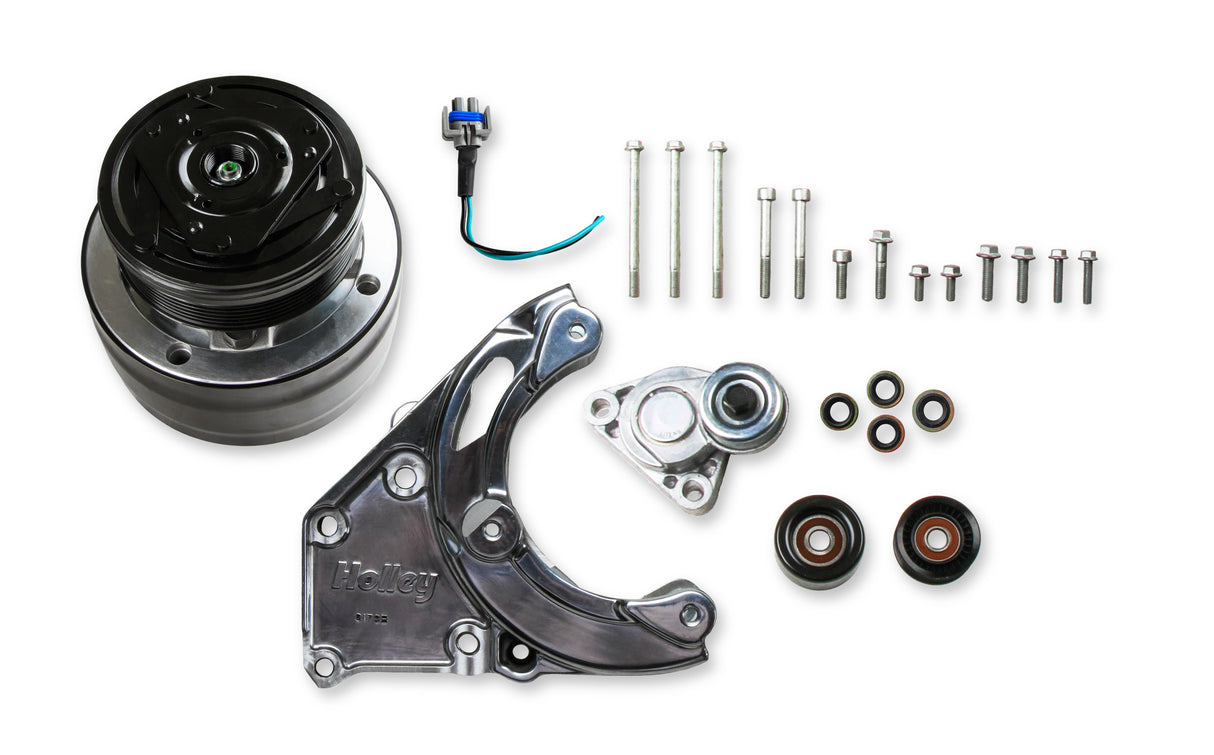 Holley 20-140P LS High-Mount A/C Accessory Drive Kit - Includes R4 A/C Compressor, Tensioner, & Pulleys-Polished