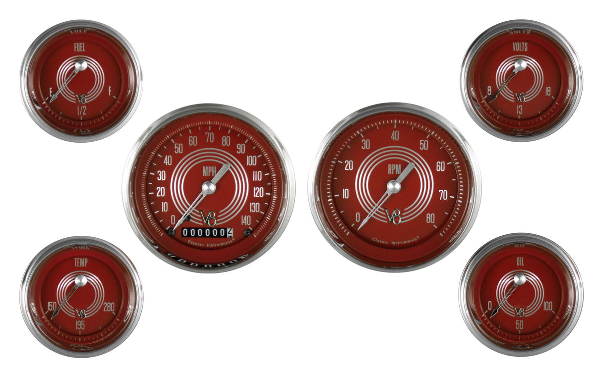 Classic Instruments V8 Red Steelie Six Gauge Set - V8RS01SHC