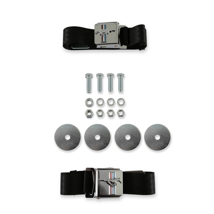 Scott Drake Seat Belt with Tri-Bar Running Horse Emblem Pair Black - SB-BK-H