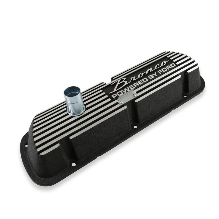 Scott Drake Aluminum Valve Covers Black with Bronco Powered by Ford Logo - 6A582-B