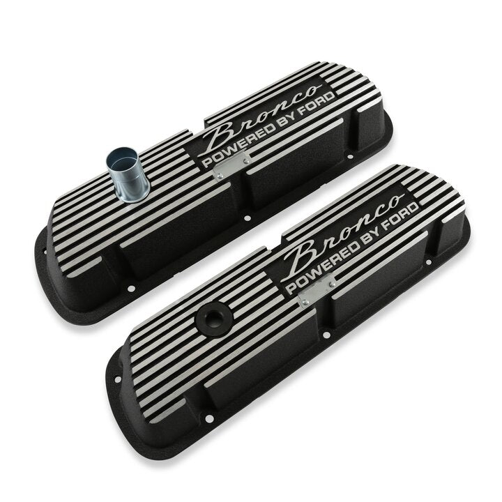Scott Drake Aluminum Valve Covers Black with Bronco Powered by Ford Logo - 6A582-B