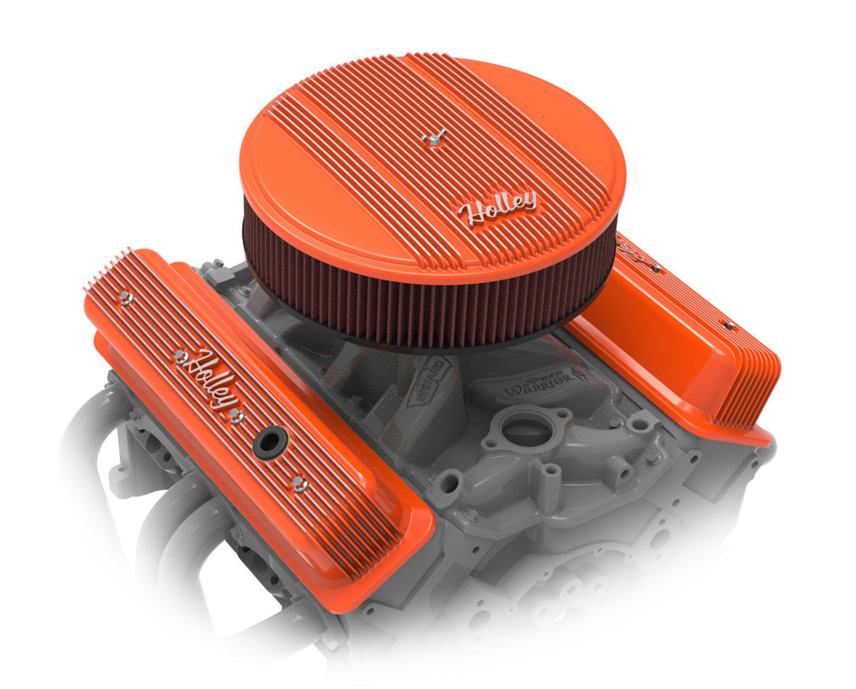 Holley 241-249 Vintage Finned Valve Cover - "" Script - SBC - Center Bolt - Factory Orange Machined