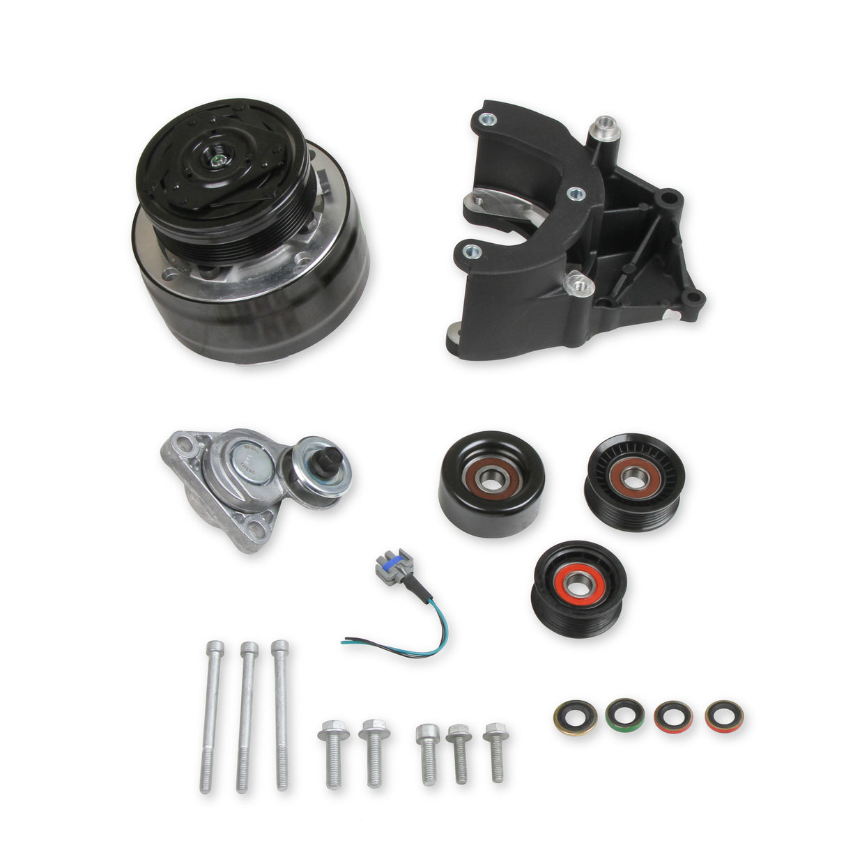 Holley 20-140BK LS High-Mount A/C Accessory Drive Kit - Includes R4 A/C Compressor, Tensioner, & Pulleys- Black Finish