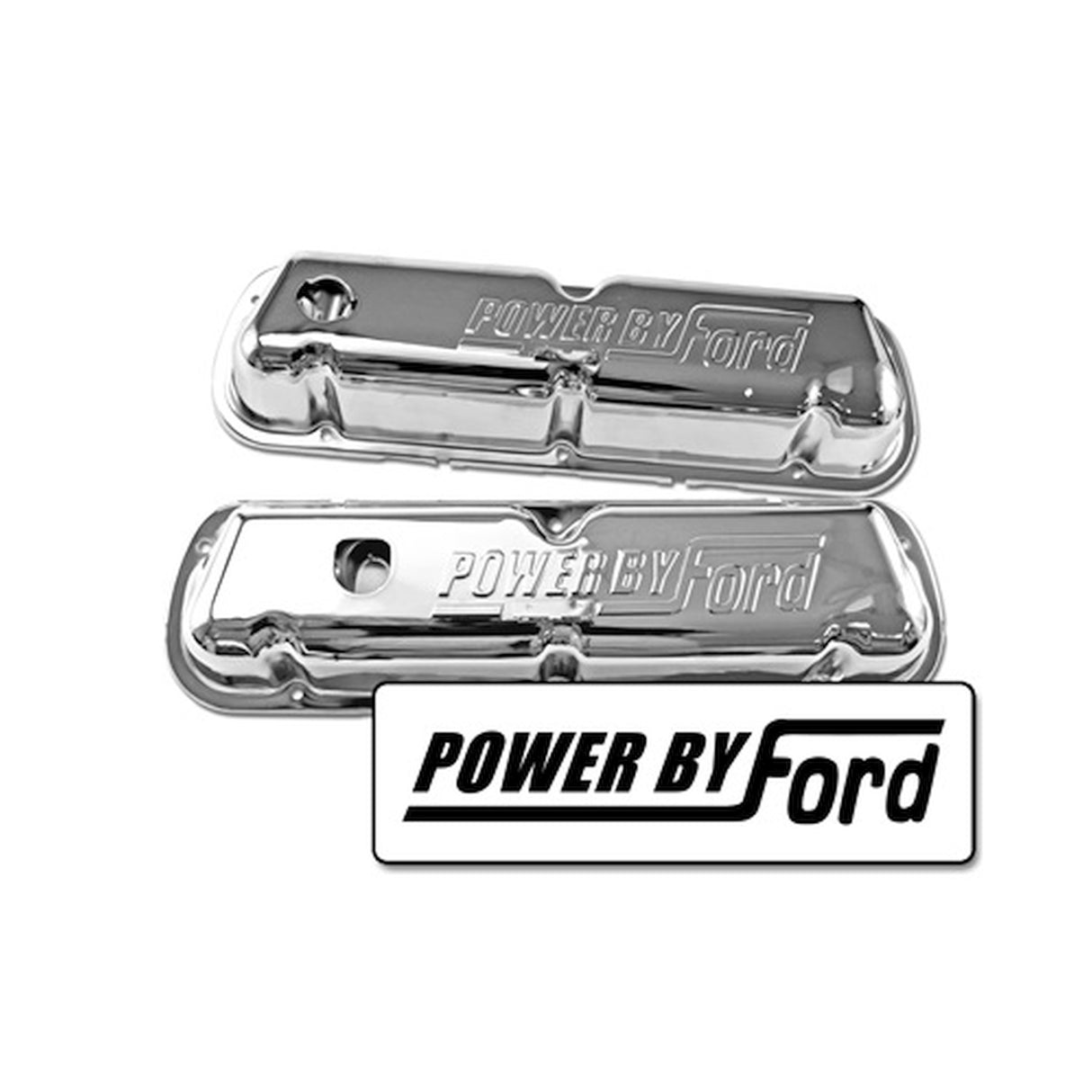 Scott Drake Chrome Valve Covers with Powered By Ford Logo - C8OZ-6A582-C