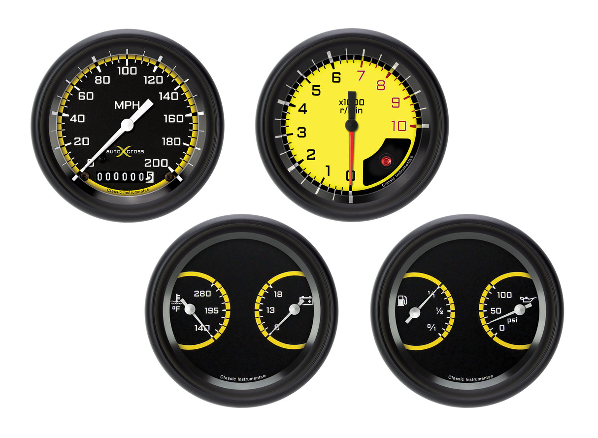Classic Instruments AutoCross Yellow Four Gauge Set - AX05YBLF