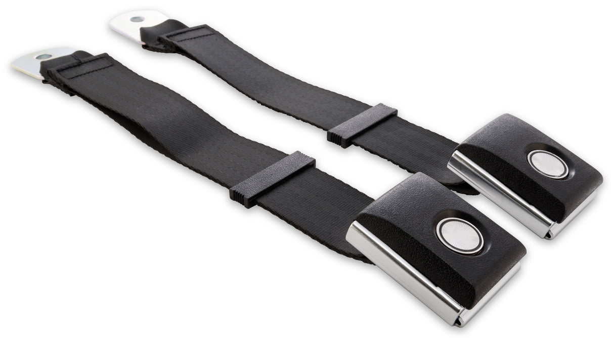 Scott Drake 3 Point Retractable Seat Belts with Vintage Push Button - SB-3P-BK-PBSB