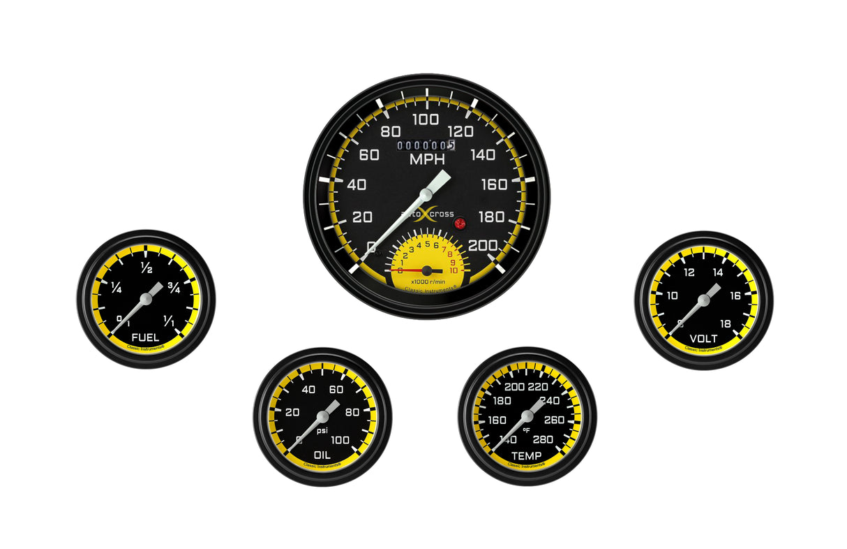 Classic Instruments AutoCross Yellow Five Gauge Set 365 - AX365YBLF