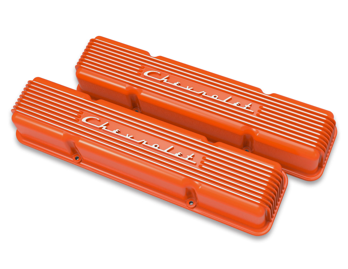 Holley 241-109 GM Licensed Vintage Series SBC Valve Covers - Factory Orange Machined Finish