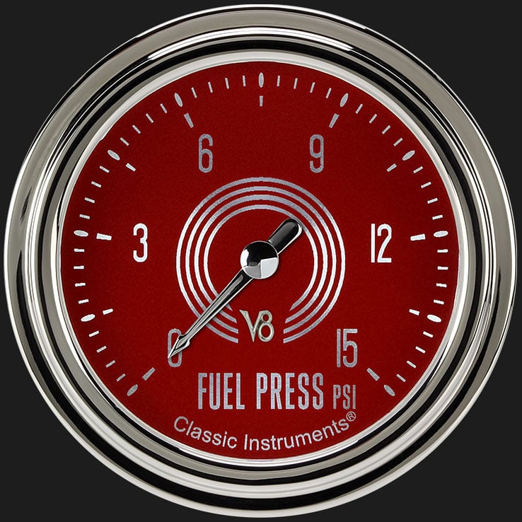 Classic Instruments V8 Red Steelie 2 5/8" Fuel Pressure Gauge, 15 psi - V8RS345SLC