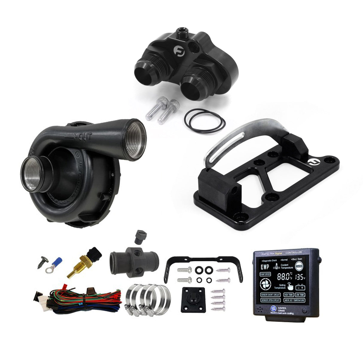 Mazda 12A & 13B Water Pump Adaptor & Side Mount Alternator Bracket Combo 019-020, 015-012, 2x 015-006, DC-8975-BLACK