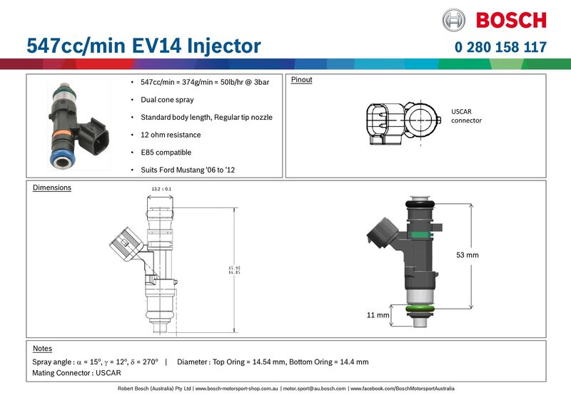 Proflow Bosch Motorsport Fuel Injector, 547cc, EV14 USCAR, Standard Body Length, 0280158117, Each - PFE-INJ117