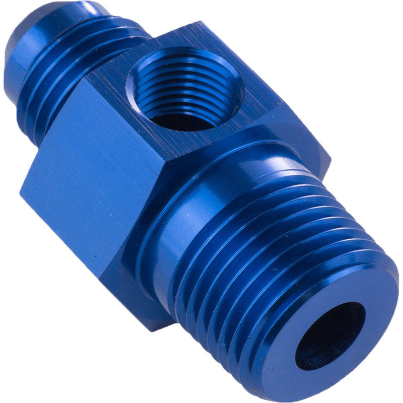 Proflow Male Adaptor 1/2in. NPT To -10AN 1/8in. NPT Gauge Port Hose End, Blue - PFE139-10-08 PFE139-10-08