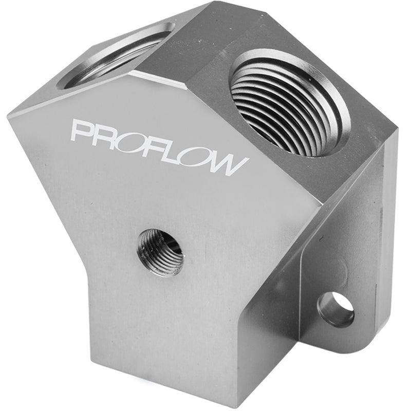 Proflow Billet AN Fuel Block -08AN In -08AN Out w/1/8in. NPT Port, Silver - PFE452-08P PFE452-08P