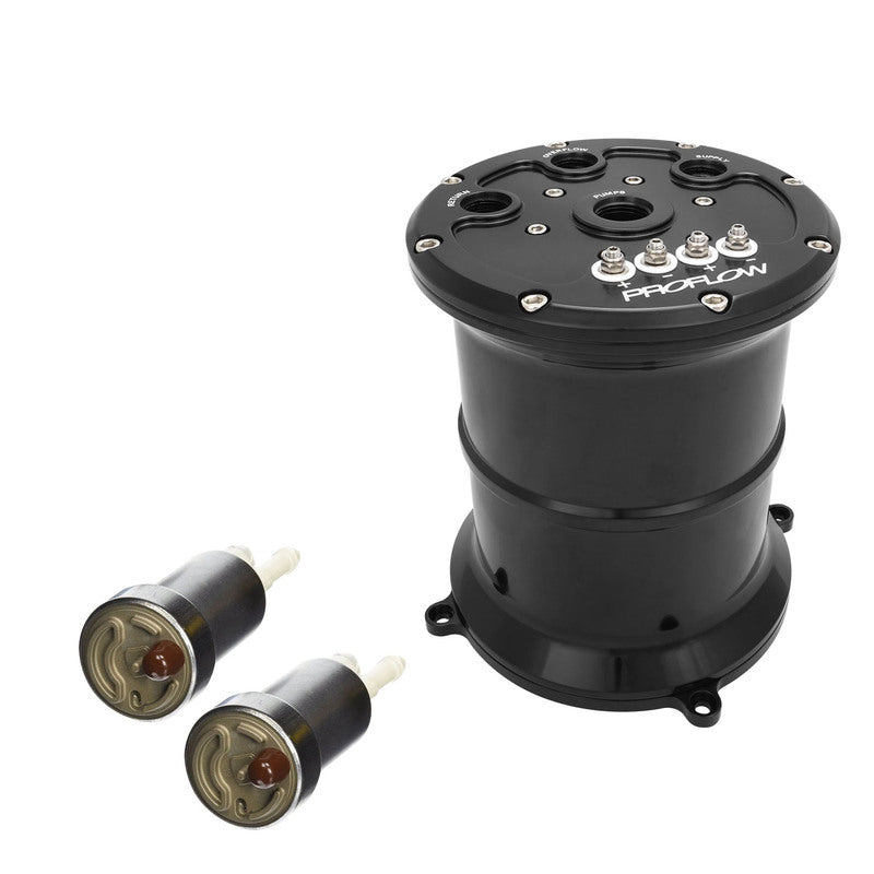 Proflow Surge Tank Kit With Dual Walbro 460 LPH Fuel Pumps, EFI, 2.5L, Billet Aluminium, Black Anodised - PFEFCA020BK-WAL1 PFEFCA020BK-WAL1