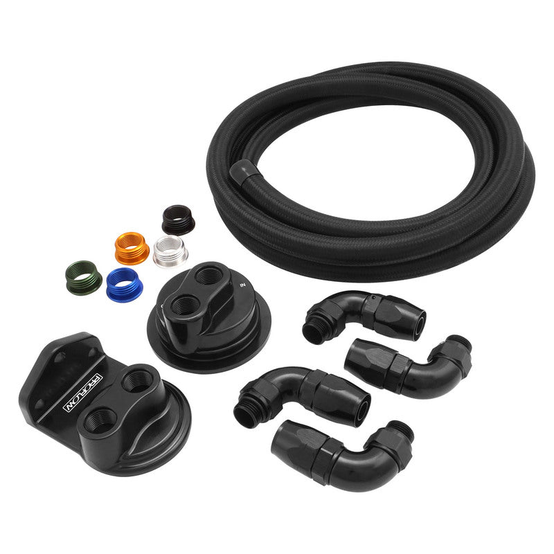 Proflow Billet Remote Universal Filter head, Universal Block Adaptor, Black , Top -08 ORB Ports , 90Deg -08ORB x AN10 Fittings, PFE450R-10 Hose, Kit - PFEOS-OB2080 PFEOS-OB2080