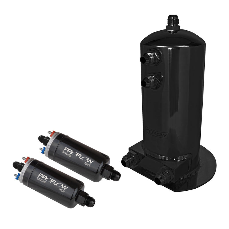 Proflow Fuel Surge Tank & Pump Kit Fabricated Aluminium, 254mm x 108mm, 2.5L, 2x 044 style pumps, Black Anodised - PFEST10BK PFEST10BK