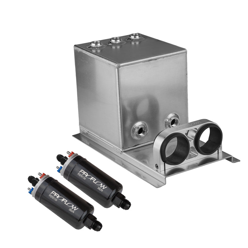 Proflow Fuel Surge Tank & Pump Kit Fabricated Aluminium Square, 2 x 044 Pumps, 200mm x 200mm x 180mm, 5L, Polished - PFEST11 PFEST11