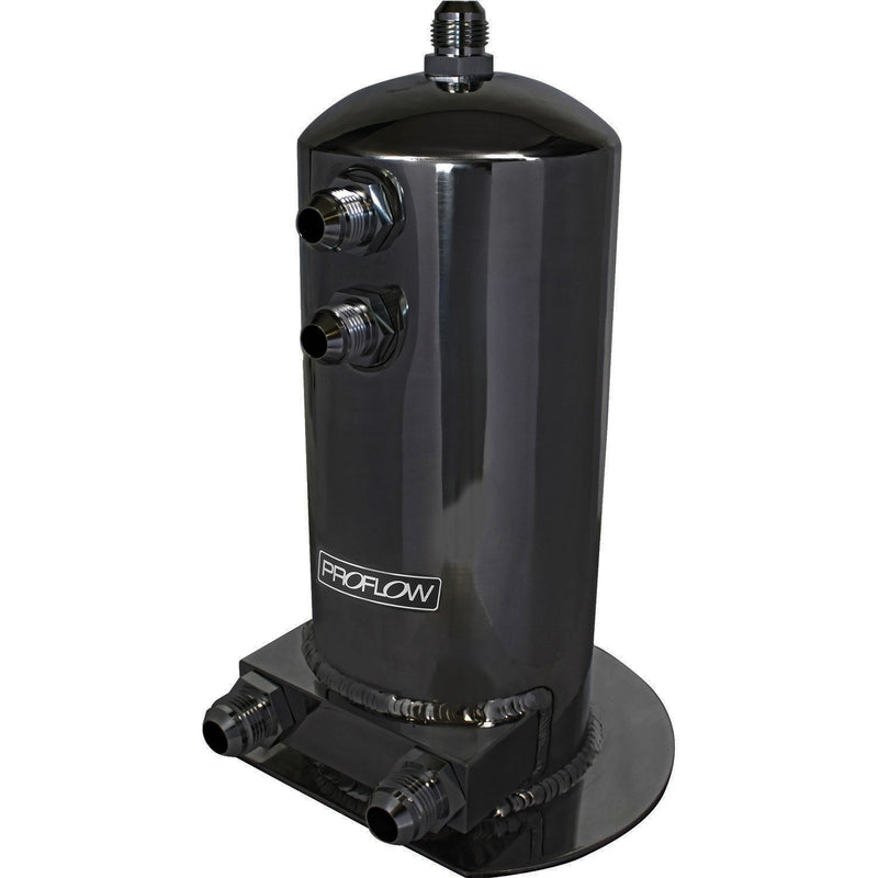 Proflow Fuel Surge Tank Fabricated Aluminium, 254mm x 108mm round, 2.5L, AN Fitting Kit, Black Anodised, Dual Outlets - PFEST4BK PFEST4BK