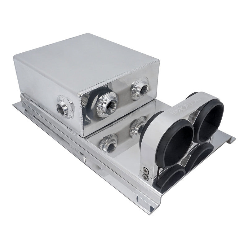 Proflow Fuel Surge Tank Fabricated Aluminium, Square Slim, 044 Pump Mounts, 80mm x, 200mm x 180mm, 2.5L, AN Fitting Kit, Polished - PFEST7 PFEST7