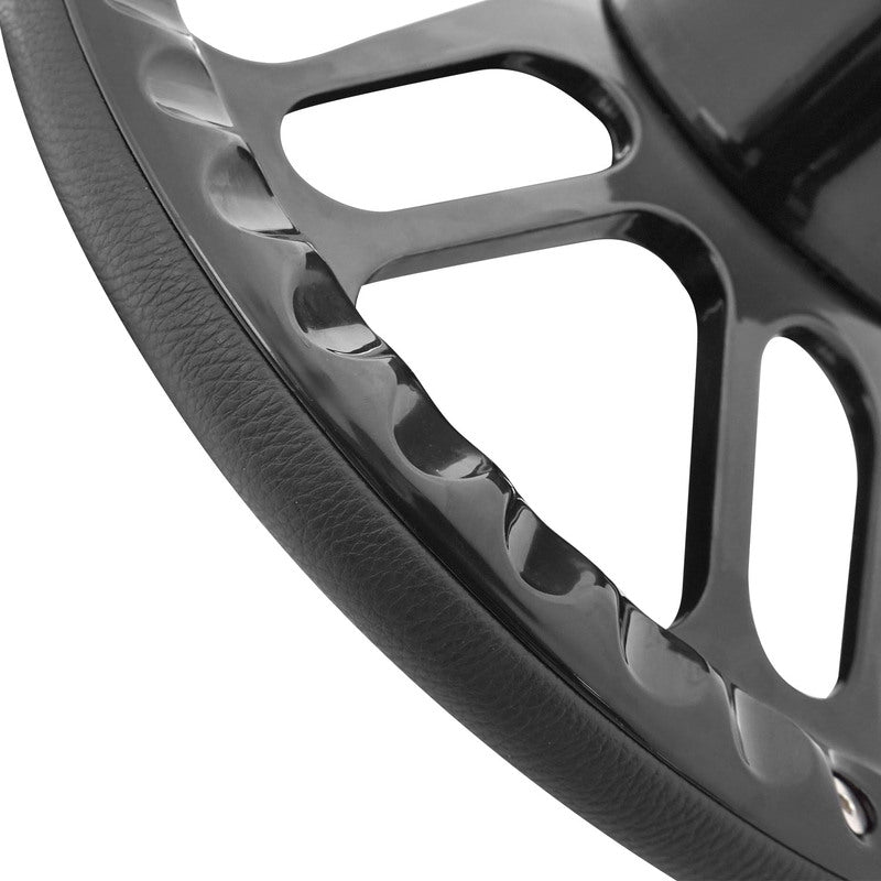 Proflow Billet 4 Slot Steering Wheel,14'' Black Leather/Black Leather, Universal Fit, Steering Wheel ,Adaptor, Horn Button, 2 inch Dish, Kit - PFESTW-KIT4-BK