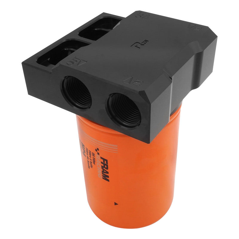 RTS Remote Oil Filter Head, With FRAM HP4 Filter, 13/16''-16 Thread, 4x Side AN12 ORB Ports, Billet Aluminium, Black - RTS-OM3303-FRA RTS-OM3303-FRA