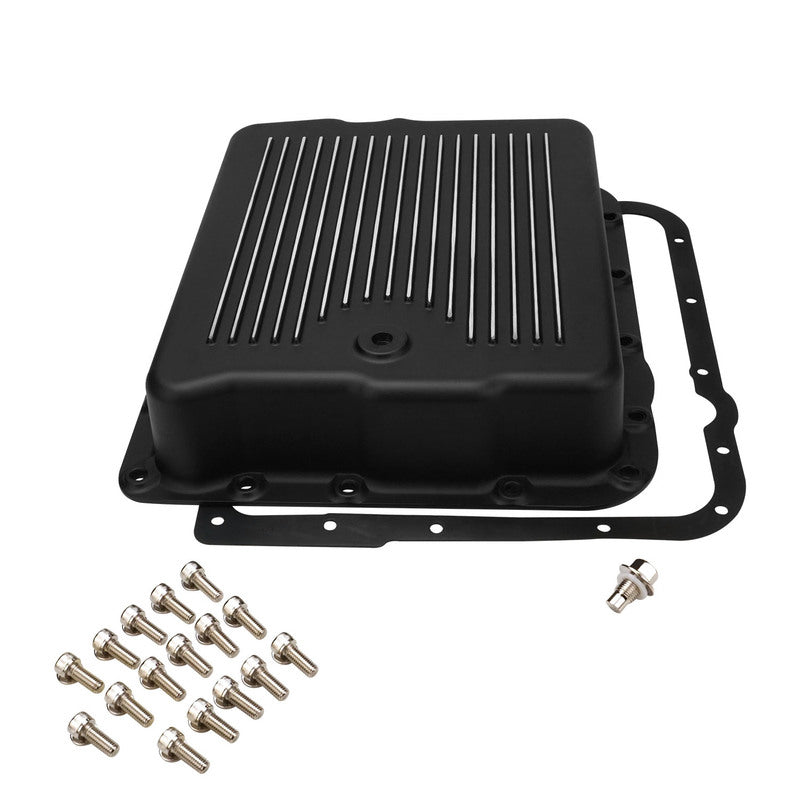 RTS Transmission Pan, Stock Depth, 700R4, 4L60,4L65E, Cast Aluminium Black, Machined Finned, Chev, Holden Commodore, Each - RTS80800BK