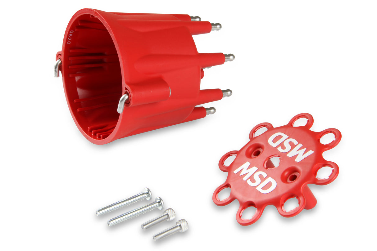 MSD Distributor Cap - V8 - HEI Terminals - Red - Spark Plug Wire Retainer - 8433