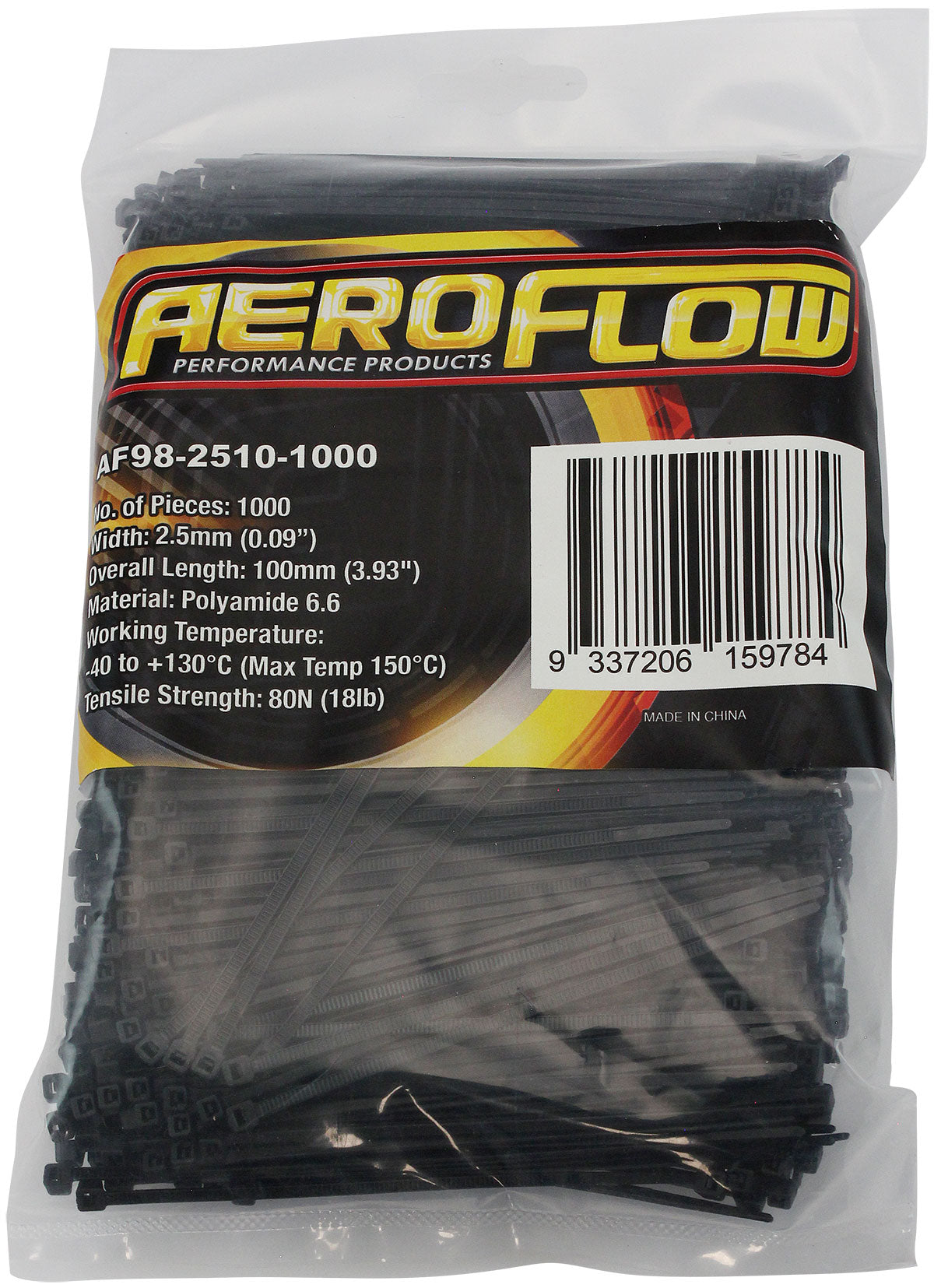 Aeroflow Heat Resistant Cable Ties 2.5mm Wide x 100mm Long - 1000 Pack Nylon 46 Material, Black Colour (AF98-2510-1000)