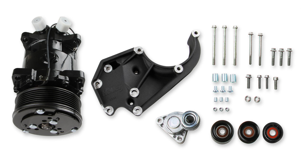 Holley 20-141BK LS High-Mount A/C Accessory Drive Kit - Includes SD508 A/C Compressor, Tensioner, & Pulleys- Black Finish