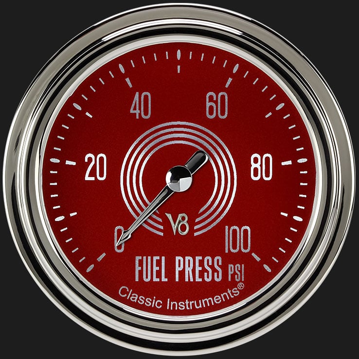 Classic Instruments V8 Red Steelie 2 5/8" Fuel Pressure Gauge, 100 psi - V8RS346SLC