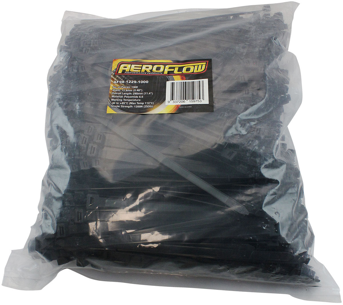 Aeroflow Standard Cable Ties 12.4mm Wide x 290mm Long - 1000 Pack Nylon 66 Material, Black Colour (AF98-1229-1000)