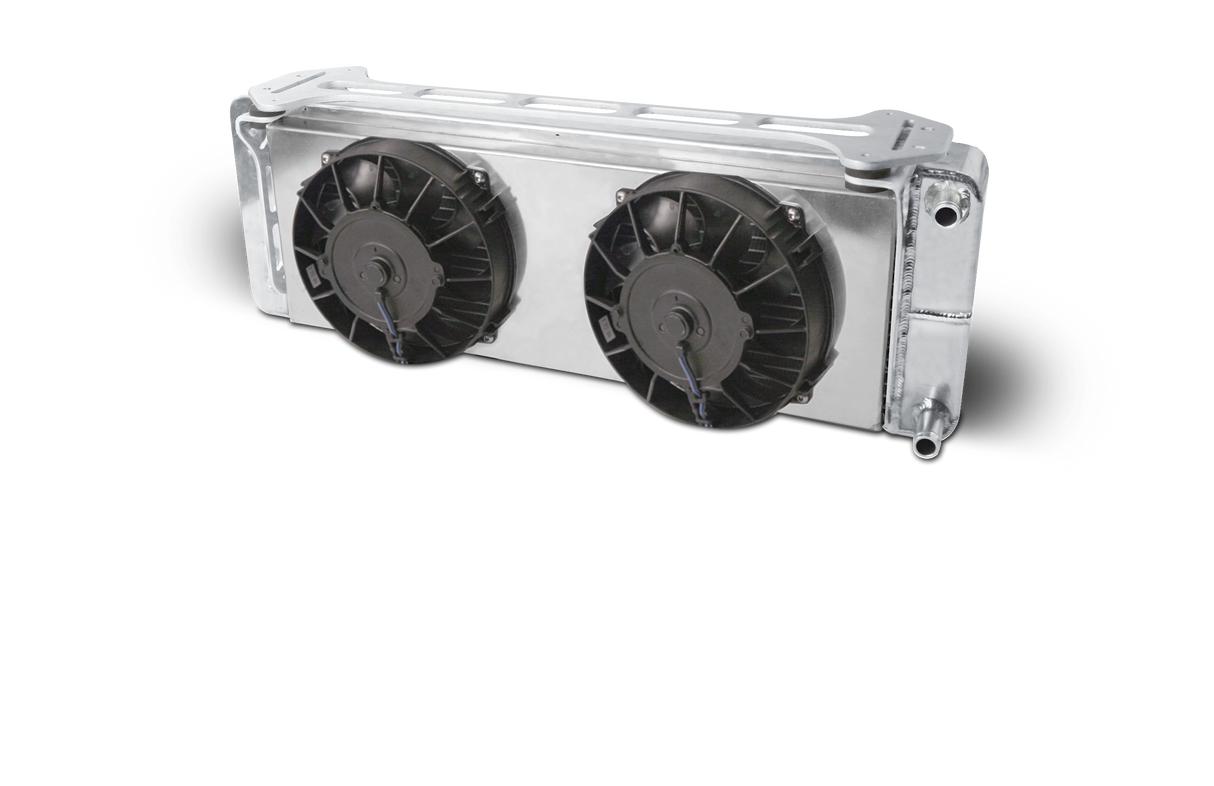 AFCO Aluminum Satin Heat Exchanger with dual fans 1999-04 Ford Lightning/F150 Double Pass (L - 26-3/8”) X (W - 5-3/8”) X (H - 8-7/8”) - 80249N-FS 80249N-FS