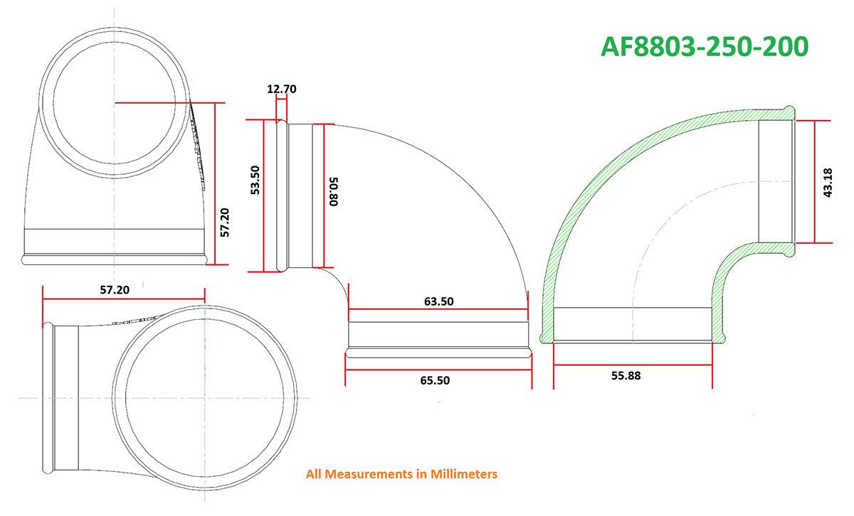 Aeroflow Tight Radius Reducer Cast 90 Degree Elbow - Natural Finish - AF8803-250-200