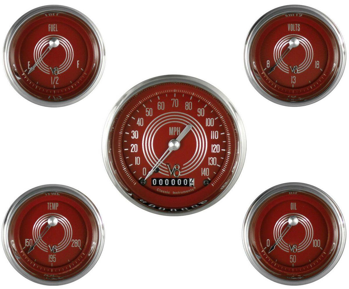 Classic Instruments V8 Red Steelie 5 Gauge Set (CIV8SR00SHC) CIV8SR00SHC