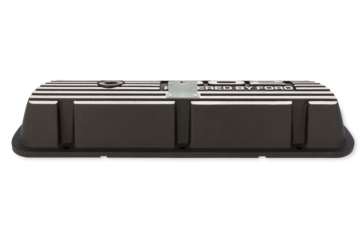 Scott Drake Aluminum Valve Cover w/302 Powered by Ford Logo Wrinkle Black Finish - 6A582-302