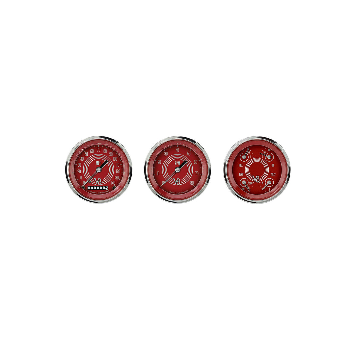Classic Instruments V8 Red Steelie Three Gauge Set - V8RS53SLC