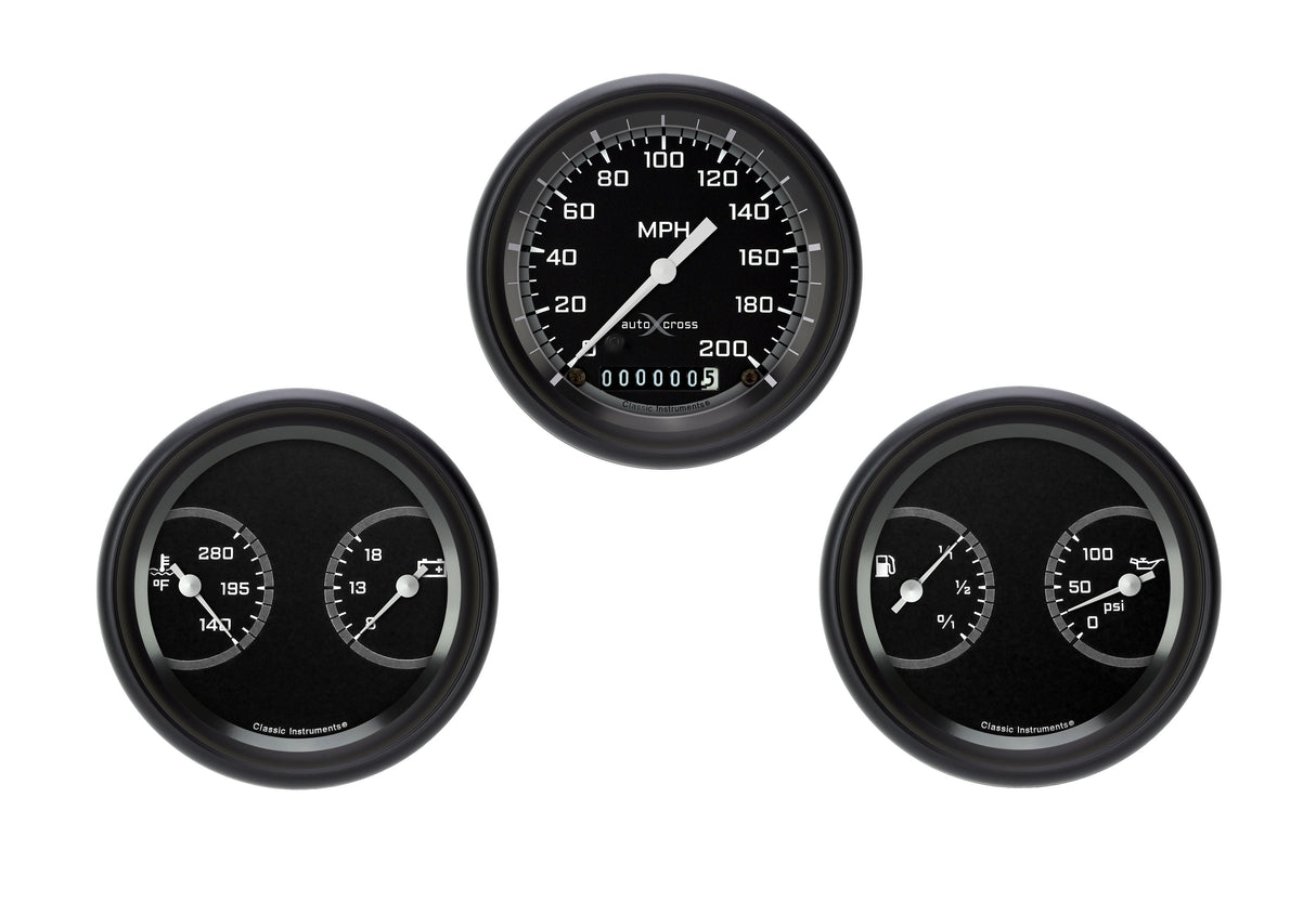 Classic Instruments AutoCross Gray 3 3/8" Speedo & 2 Duals with Black Low Step Bezel Flat Glass Lens - AX04GBLF
