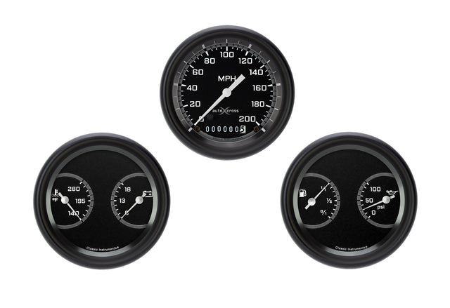 Classic Instruments AutoCross Gray 3 3/8" Speedo & 2 Duals with Black Low Step Bezel Flat Glass Lens - AX04GBLF