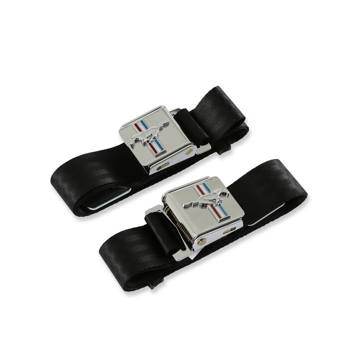 Scott Drake Seat Belt with Tri-Bar Running Horse Emblem Pair Black - SB-BK-H