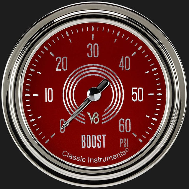 Classic Instruments V8 Red Steelie 2 5/8" Boost Gauge, 60 psi - V8RS343SLC
