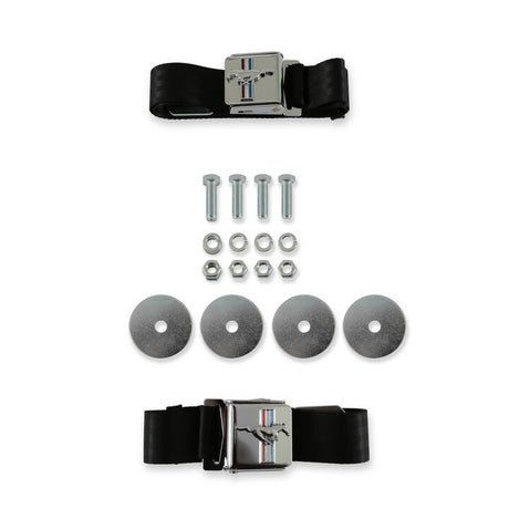 Scott Drake Seat Belt with Tri-Bar Running Horse Emblem Pair Black - SB-BK-H