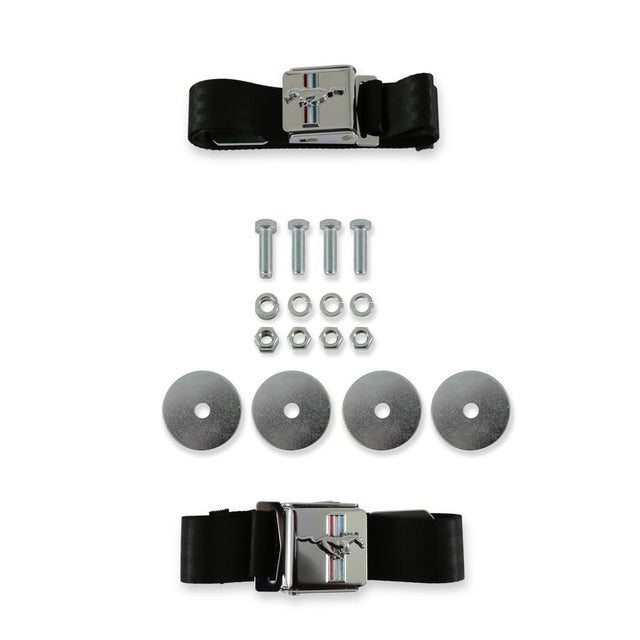 Scott Drake Seat Belt with Tri-Bar Running Horse Emblem Pair Black - SB-BK-H