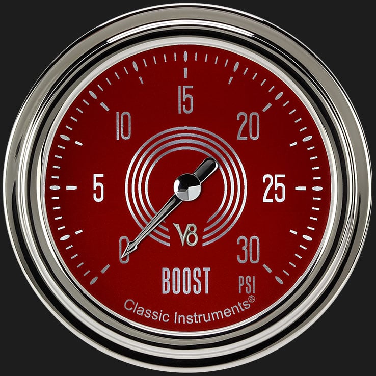 Classic Instruments V8 Red Steelie 2 5/8" Boost Gauge, 30 psi - V8RS342SLC