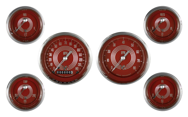 Classic Instruments V8 Red Steelie Six Gauge Set - V8RS51SLC