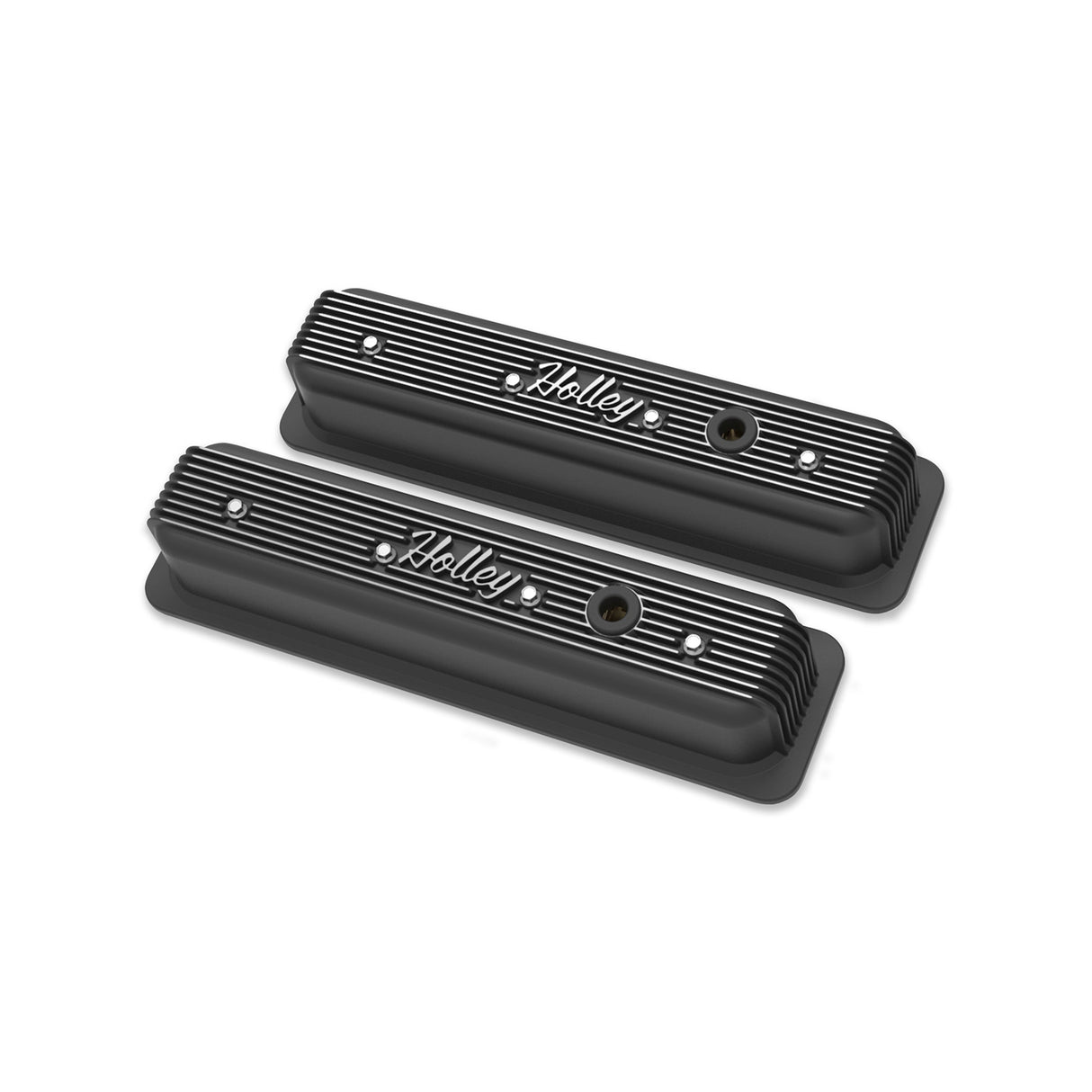 Holley 241-247 Vintage Finned Valve Cover - "" Script - SBC - Center Bolt - Satin Black Machined