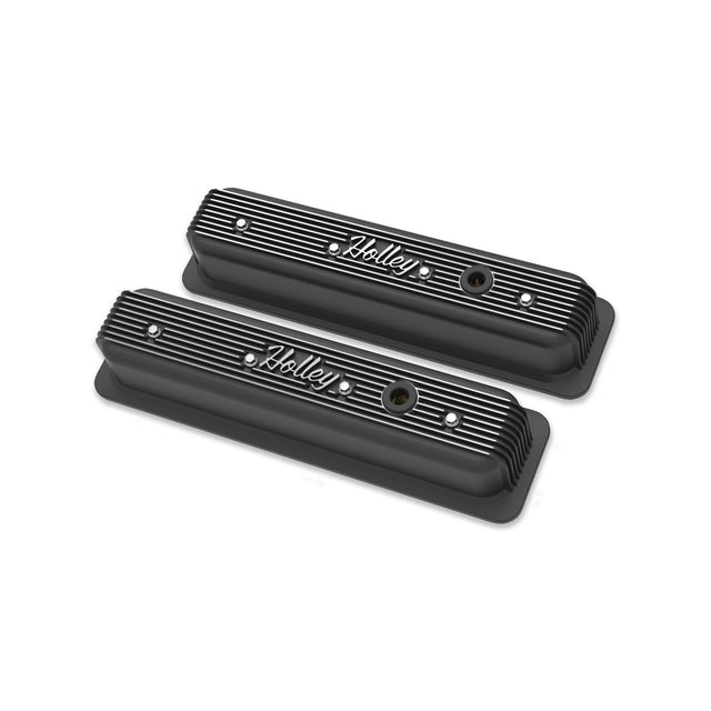 Holley 241-247 Vintage Finned Valve Cover - "" Script - SBC - Center Bolt - Satin Black Machined