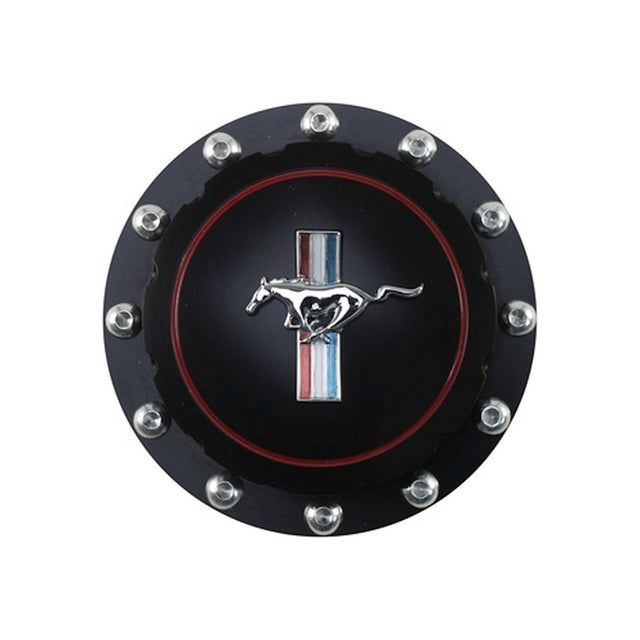 Scott Drake Billet Fuel Cap Black with Tri-Bar Horse Logo - B-9030-H-BK