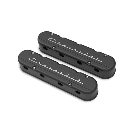 Holley 241-177 2-Piece "Chevrolet" Script Valve Cover - Gen III/IV LS - Satin Black Machined