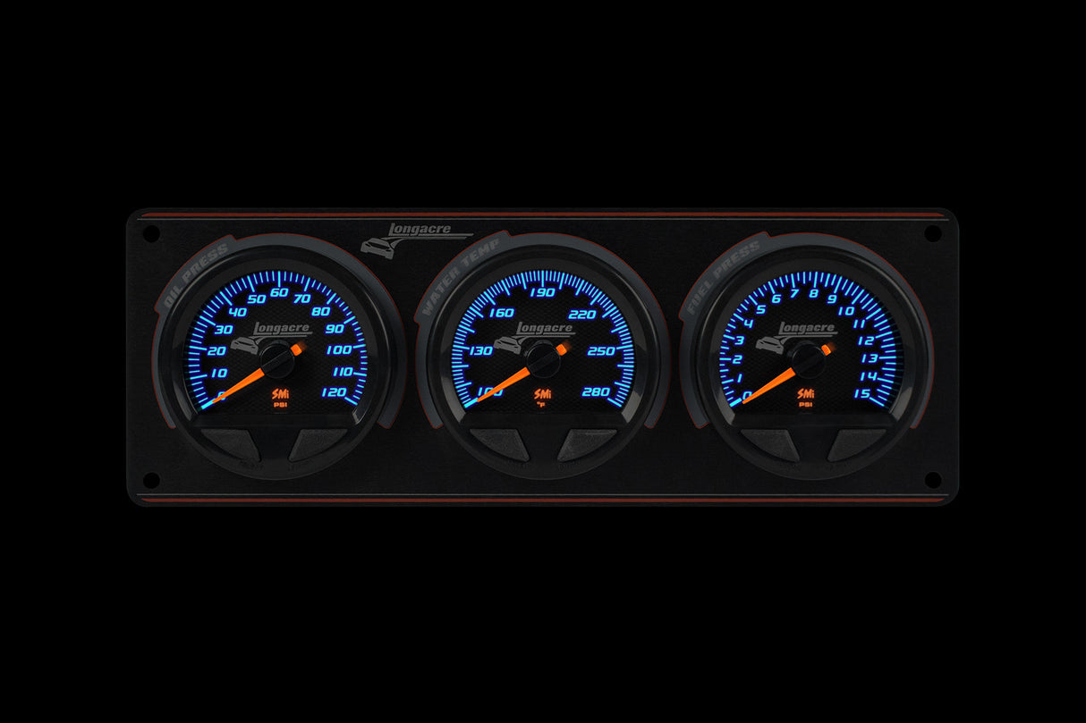 Longacre SMi™ Elite Waterproof Gauge Panel, 3 Gauge Oil Pressure/Water Temperature/Fuel Pressure 15psi - 52-44562